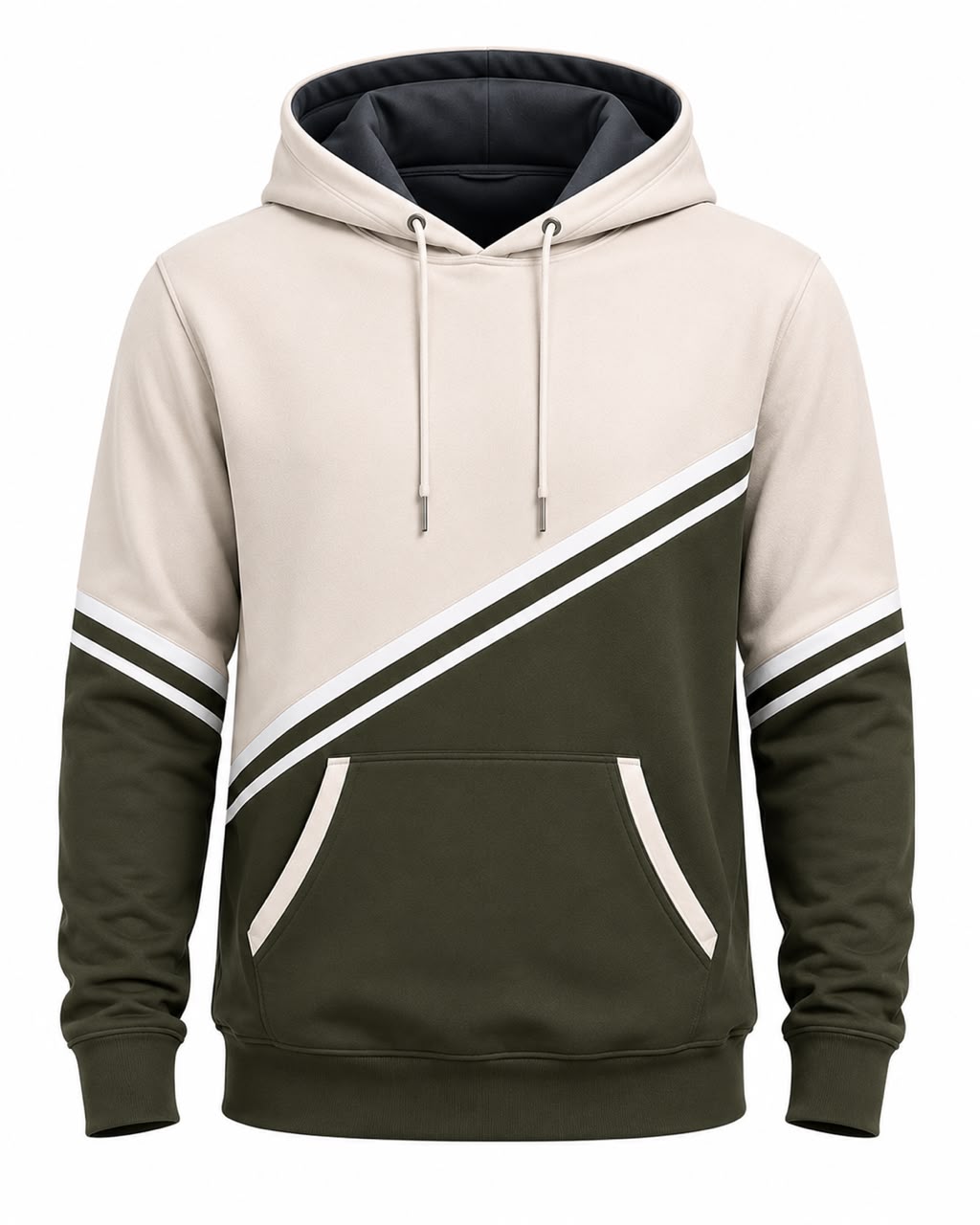 Men’s Beige & Olive Green Color Block Pullover Hoodie | Premium Casual Streetwear Hoodie
