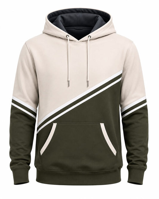 Men’s Beige & Olive Green Color Block Pullover Hoodie | Premium Casual Streetwear Hoodie