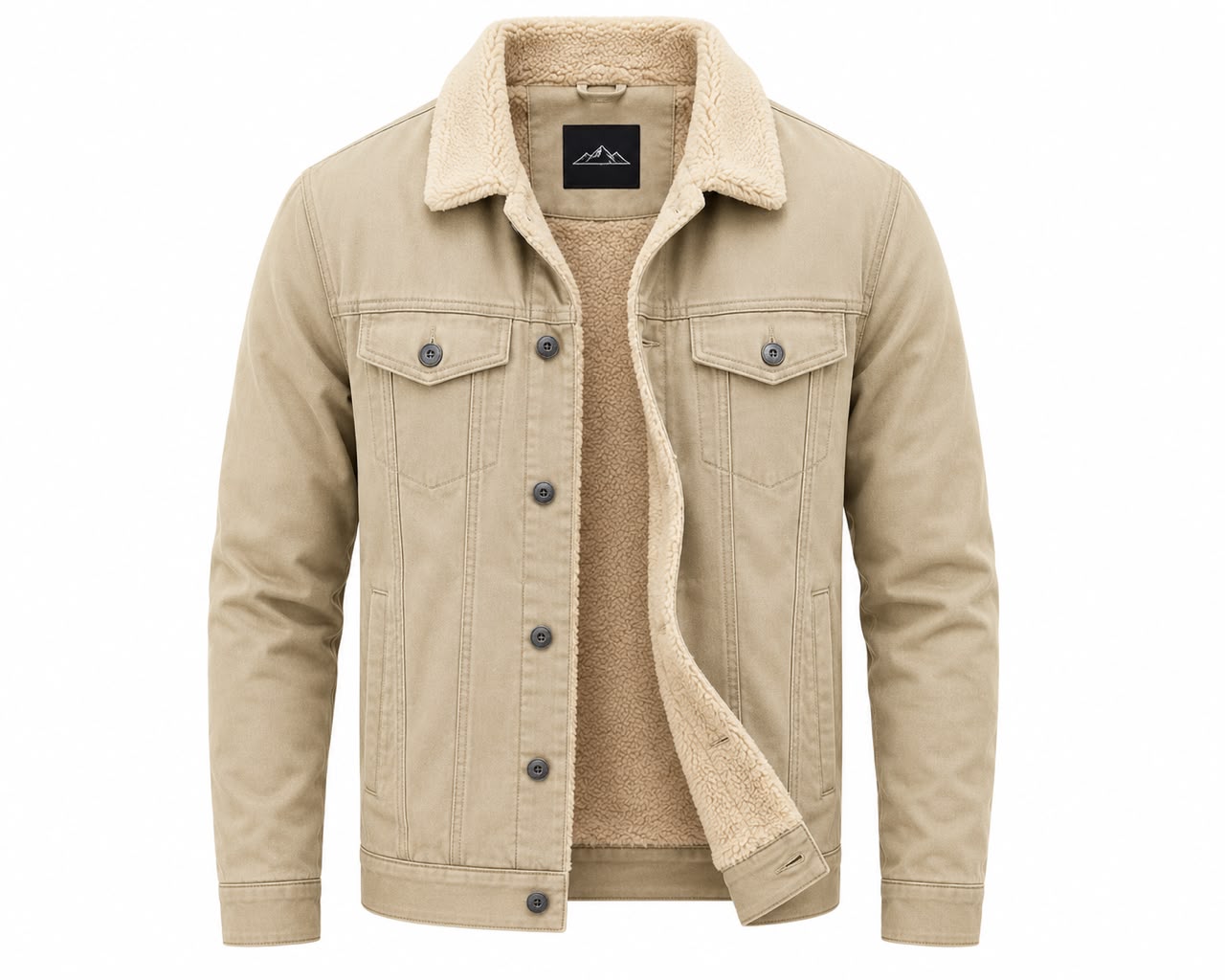 Men’s Khaki Sherpa Lined Trucker Jacket | Premium Warm Button-Up Winter Jacket