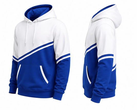 Blue & White Color Block Pullover Hoodie for Men | Premium Streetwear Casual Hoodie