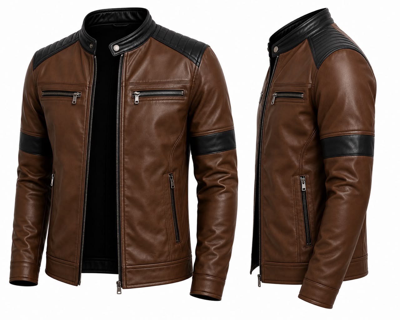 Men’s Brown & Black Leather Biker Jacket | Premium Zip-Up Motorcycle Jacket