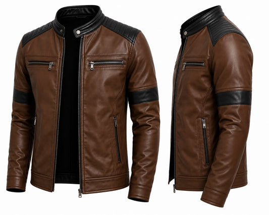 Men’s Brown & Black Leather Biker Jacket | Premium Zip-Up Motorcycle Jacket