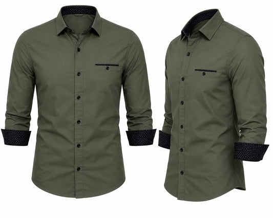 Men’s Olive Green Slim Fit Casual Dress Shirt | Premium Long Sleeve Button-Up Shirt