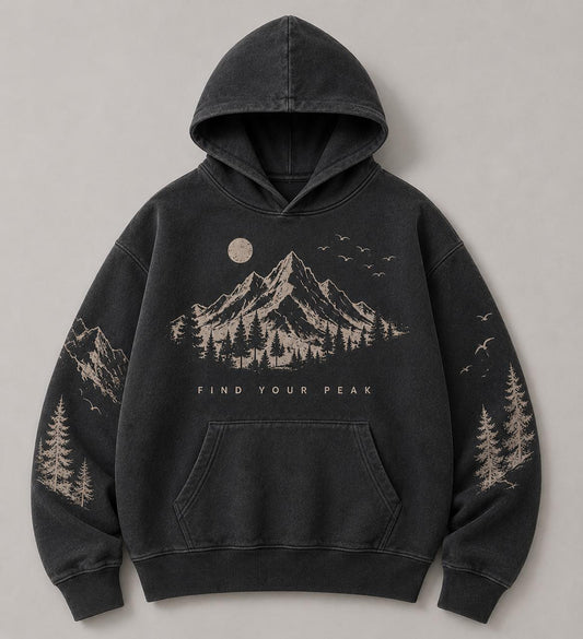 Mountain Graphic Oversized Hoodie for Men & Women | Vintage Washed Streetwear Hoodie