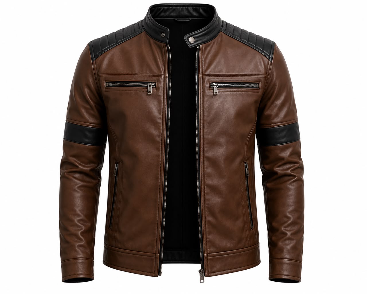 Men’s Brown & Black Leather Biker Jacket | Premium Zip-Up Motorcycle Jacket