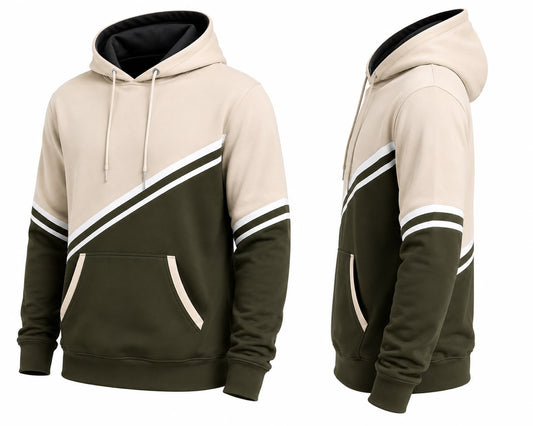 Men’s Beige & Olive Green Color Block Pullover Hoodie | Premium Casual Streetwear Hoodie