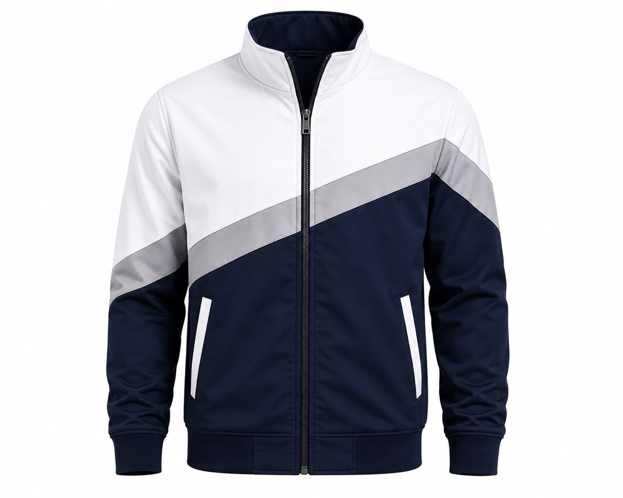 Men’s Navy Blue & White Color Block Zip-Up Jacket | Premium Casual Bomber Jacket