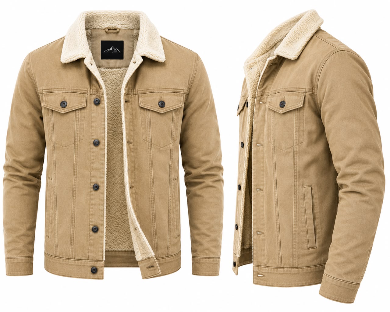 Men’s Khaki Sherpa Lined Trucker Jacket | Premium Warm Button-Up Winter Jacket