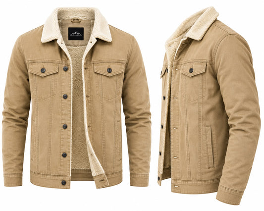 Men’s Khaki Sherpa Lined Trucker Jacket | Premium Warm Button-Up Winter Jacket