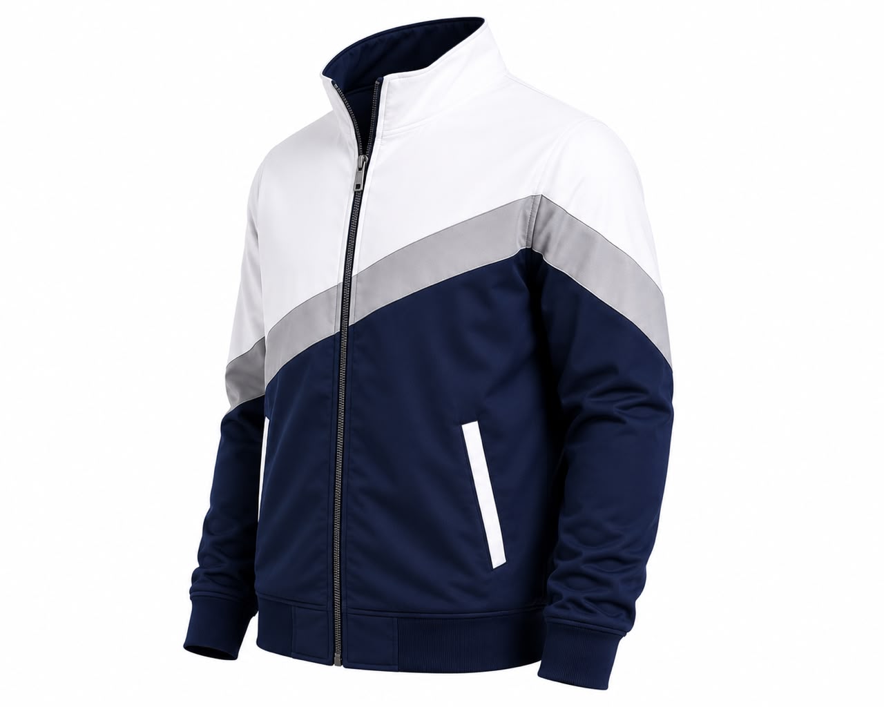 Men’s Navy Blue & White Color Block Zip-Up Jacket | Premium Casual Bomber Jacket